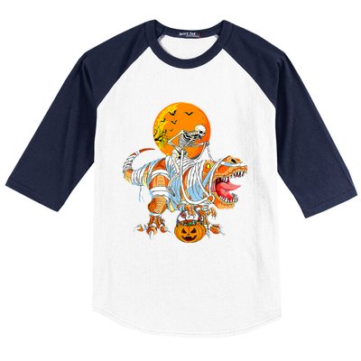 Skeleton Riding Mummy Dinosaur TRex Pumpkin Halloween Funny Cool Gift Baseball Sleeve Shirt