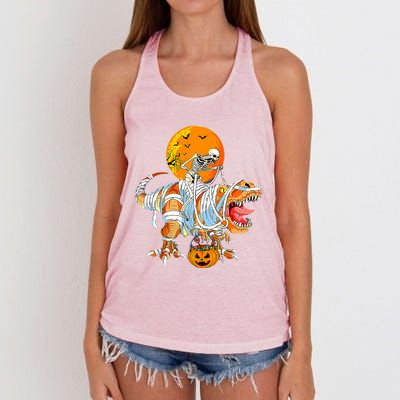 Skeleton Riding Mummy Dinosaur TRex Pumpkin Halloween Funny Cool Gift Women's Knotted Racerback Tank