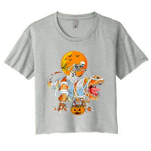 Skeleton Riding Mummy Dinosaur TRex Pumpkin Halloween Funny Cool Gift Women's Crop Top Tee