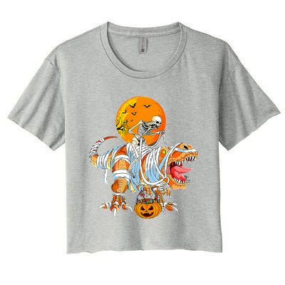 Skeleton Riding Mummy Dinosaur TRex Pumpkin Halloween Funny Cool Gift Women's Crop Top Tee