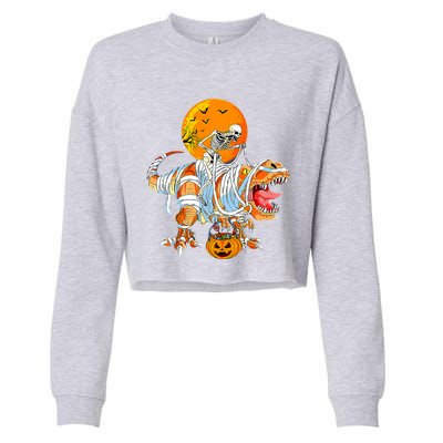 Skeleton Riding Mummy Dinosaur TRex Pumpkin Halloween Funny Cool Gift Cropped Pullover Crew