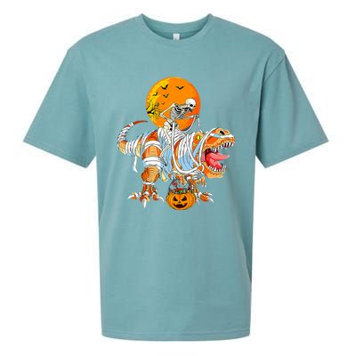 Skeleton Riding Mummy Dinosaur TRex Pumpkin Halloween Funny Cool Gift Sueded Cloud Jersey T-Shirt