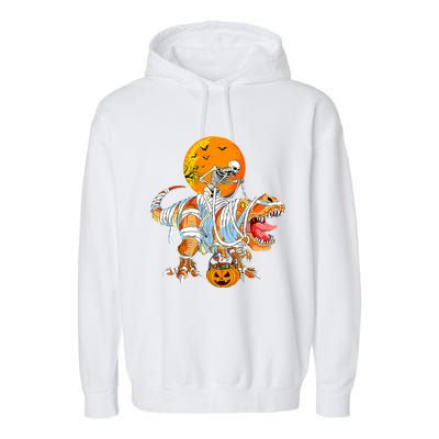 Skeleton Riding Mummy Dinosaur TRex Pumpkin Halloween Funny Cool Gift Garment-Dyed Fleece Hoodie