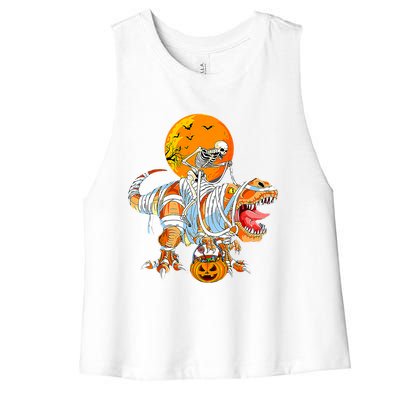 Skeleton Riding Mummy Dinosaur TRex Pumpkin Halloween Funny Cool Gift Women's Racerback Cropped Tank