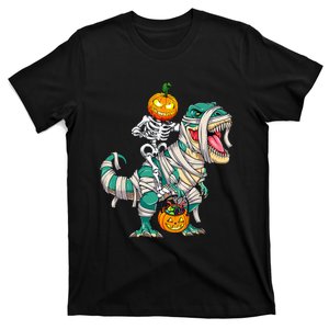 Skeleton Riding Mummy Dinosaur T rex Halloween T-Shirt