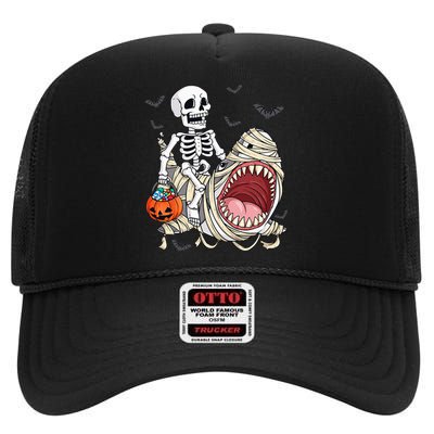 Skeleton Riding Mummy Shark Funny Halloween Pumpkin High Crown Mesh Back Trucker Hat