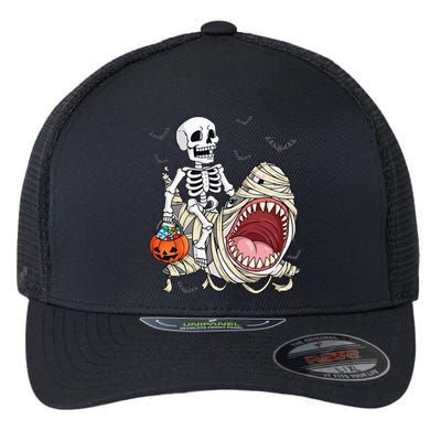 Skeleton Riding Mummy Shark Funny Halloween Pumpkin Flexfit Unipanel Trucker Cap