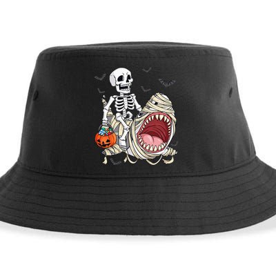 Skeleton Riding Mummy Shark Funny Halloween Pumpkin Sustainable Bucket Hat