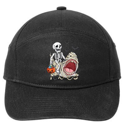 Skeleton Riding Mummy Shark Funny Halloween Pumpkin 7-Panel Snapback Hat