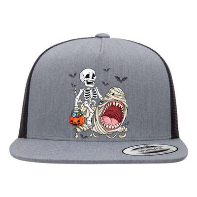 Skeleton Riding Mummy Shark Funny Halloween Pumpkin Flat Bill Trucker Hat