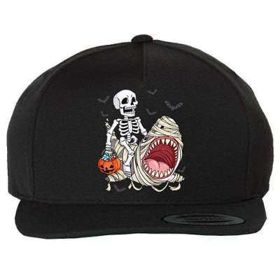 Skeleton Riding Mummy Shark Funny Halloween Pumpkin Wool Snapback Cap