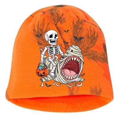 Skeleton Riding Mummy Shark Funny Halloween Pumpkin Kati - Camo Knit Beanie