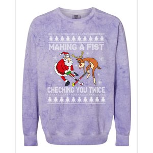 Santa Reindeer Making A Fist Checking You Twice Hockey Xmas Gift Colorblast Crewneck Sweatshirt