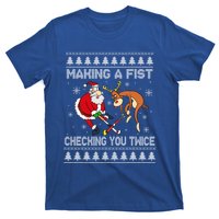 Santa Reindeer Making A Fist Checking You Twice Hockey Xmas Gift T-Shirt