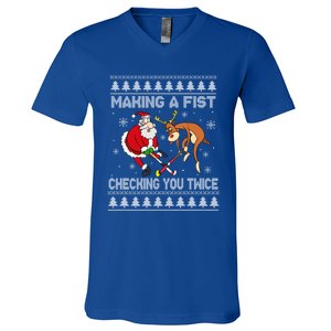 Santa Reindeer Making A Fist Checking You Twice Hockey Xmas Gift V-Neck T-Shirt