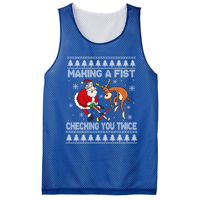 Santa Reindeer Making A Fist Checking You Twice Hockey Xmas Gift Mesh Reversible Basketball Jersey Tank