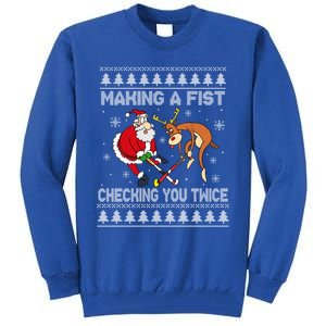 Santa Reindeer Making A Fist Checking You Twice Hockey Xmas Gift Tall Sweatshirt