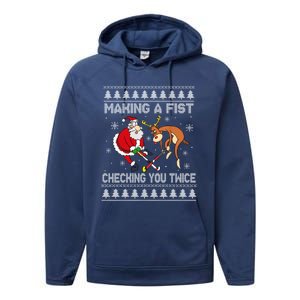 Santa Reindeer Making A Fist Checking You Twice Hockey Xmas Gift Performance Fleece Hoodie