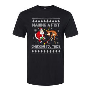 Santa Reindeer Making A Fist Checking You Twice Hockey Xmas Gift Softstyle CVC T-Shirt