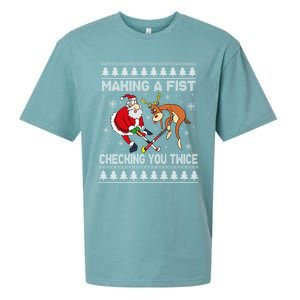 Santa Reindeer Making A Fist Checking You Twice Hockey Xmas Gift Sueded Cloud Jersey T-Shirt