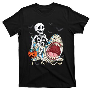 Skeleton Riding Mummy Shark Funny Halloween Pumpkin T-Shirt