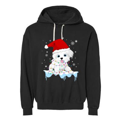 Santa Reindeer Maltese Christmas Tree Light Pajama Xmas Gift Garment-Dyed Fleece Hoodie