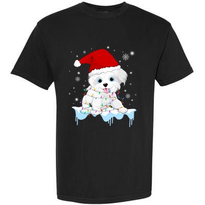 Santa Reindeer Maltese Christmas Tree Light Pajama Xmas Gift Garment-Dyed Heavyweight T-Shirt