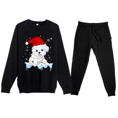 Santa Reindeer Maltese Christmas Tree Light Pajama Xmas Gift Premium Crewneck Sweatsuit Set