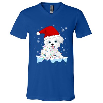 Santa Reindeer Maltese Christmas Tree Light Pajama Xmas Gift V-Neck T-Shirt