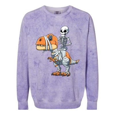 Skeleton Riding Mummy Dinosaur Halloween TRex Gift Colorblast Crewneck Sweatshirt