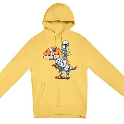 Skeleton Riding Mummy Dinosaur Halloween TRex Gift Premium Pullover Hoodie