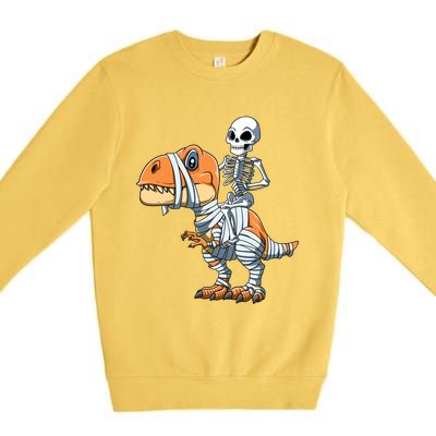 Skeleton Riding Mummy Dinosaur Halloween TRex Gift Premium Crewneck Sweatshirt