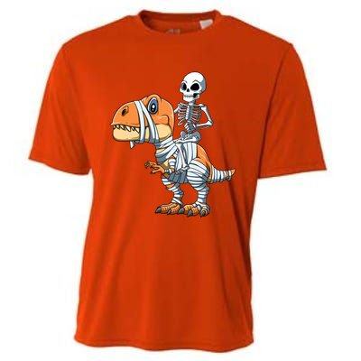 Skeleton Riding Mummy Dinosaur Halloween TRex Gift Cooling Performance Crew T-Shirt