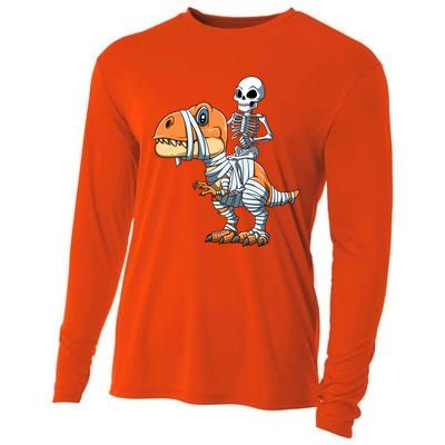 Skeleton Riding Mummy Dinosaur Halloween TRex Gift Cooling Performance Long Sleeve Crew