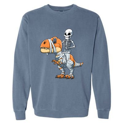 Skeleton Riding Mummy Dinosaur Halloween TRex Gift Garment-Dyed Sweatshirt