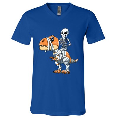 Skeleton Riding Mummy Dinosaur Halloween TRex Gift V-Neck T-Shirt