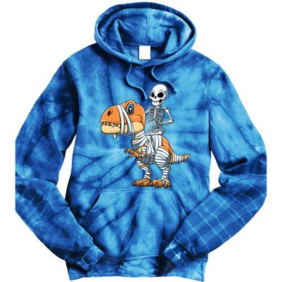 Skeleton Riding Mummy Dinosaur Halloween TRex Gift Tie Dye Hoodie