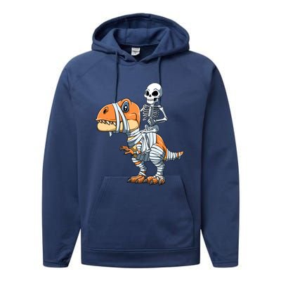 Skeleton Riding Mummy Dinosaur Halloween TRex Gift Performance Fleece Hoodie