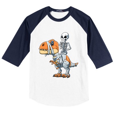 Skeleton Riding Mummy Dinosaur Halloween TRex Gift Baseball Sleeve Shirt