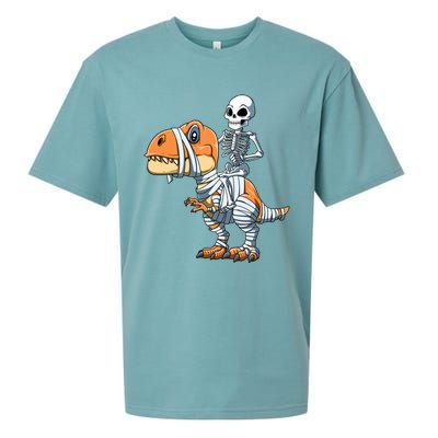 Skeleton Riding Mummy Dinosaur Halloween TRex Gift Sueded Cloud Jersey T-Shirt