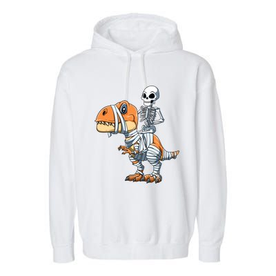 Skeleton Riding Mummy Dinosaur Halloween TRex Gift Garment-Dyed Fleece Hoodie