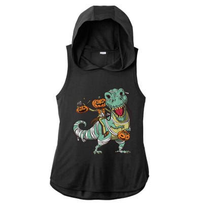 Skeleton Riding Mummy Dinosaur T Rex Pumpkin Funny Halloween Ladies PosiCharge Tri-Blend Wicking Draft Hoodie Tank