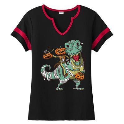 Skeleton Riding Mummy Dinosaur T Rex Pumpkin Funny Halloween Ladies Halftime Notch Neck Tee