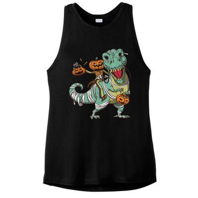 Skeleton Riding Mummy Dinosaur T Rex Pumpkin Funny Halloween Ladies PosiCharge Tri-Blend Wicking Tank