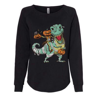 Skeleton Riding Mummy Dinosaur T Rex Pumpkin Funny Halloween Womens California Wash Sweatshirt