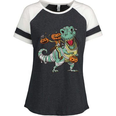 Skeleton Riding Mummy Dinosaur T Rex Pumpkin Funny Halloween Enza Ladies Jersey Colorblock Tee