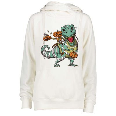 Skeleton Riding Mummy Dinosaur T Rex Pumpkin Funny Halloween Womens Funnel Neck Pullover Hood