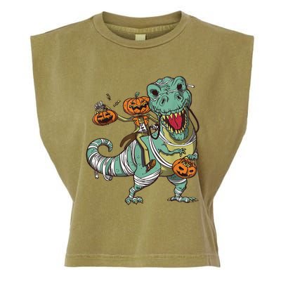 Skeleton Riding Mummy Dinosaur T Rex Pumpkin Funny Halloween Garment-Dyed Women's Muscle Tee