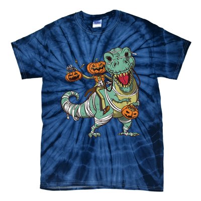 Skeleton Riding Mummy Dinosaur T Rex Pumpkin Funny Halloween Tie-Dye T-Shirt