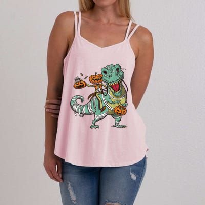 Skeleton Riding Mummy Dinosaur T Rex Pumpkin Funny Halloween Women's Strappy Tank